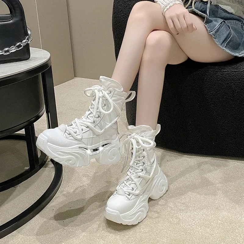 Fashion Woman Autumn Punk Chunky Platform Motorcycle Boots Women Hot Red Lace Up 7.5CM Thick Bottom Shoes Ankle Booties Female