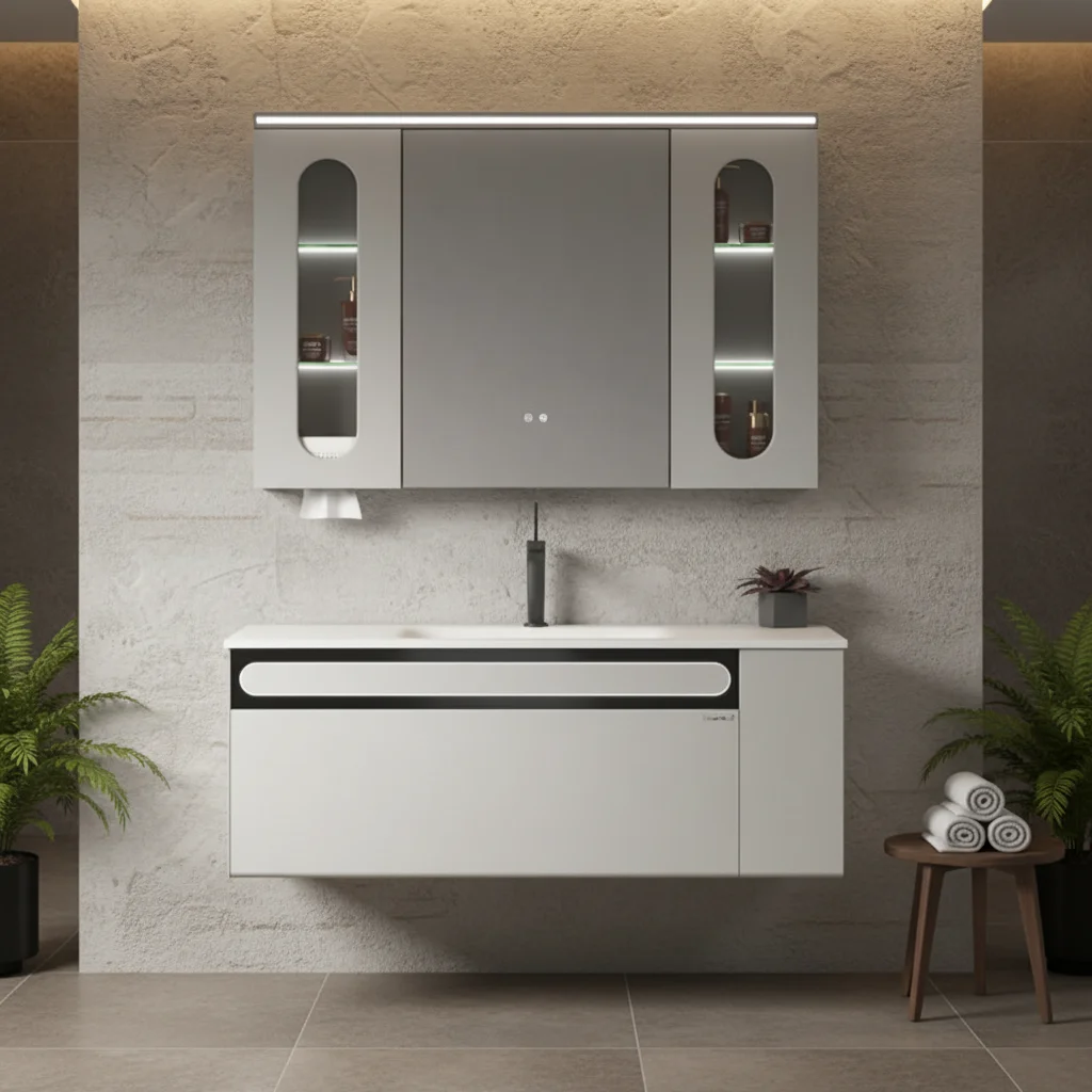 &c Modern Vanity Mirror Marble Cabinet Smart Induction LED Illuminated Stone Basin Storage Width Durable Water Resistant