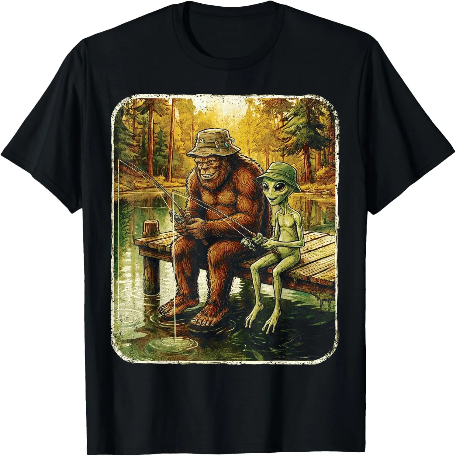 Bigfoot Alien Fishing Funny Men UFO Sasquatch Lovers Camping T-Shirt Short sleeve shirt, Retro tee