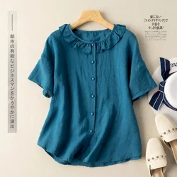 Solid Shirts for Women Short Sleeve O-neck Casual Summer Thin Loose Single Breasted Korean Style One Piece Blouse Women Tops