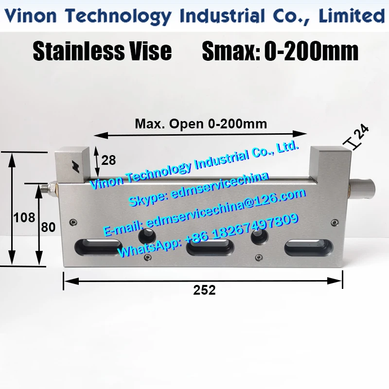 VISE-200 Wire EDM Vise | Max Open 0-200mm | Precision Clamping Vise for Wire Cutting Machine | Manual Fixture Stainless Steel