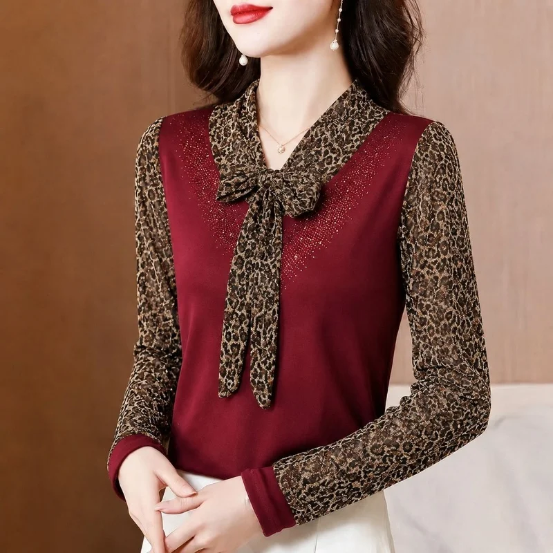 Womens V Neck Long Sleeve Blouse Leopard Print Bow Tie Top Elegant Slim Fit Shirt with Sparkly Detail for Spring Autumn Wear