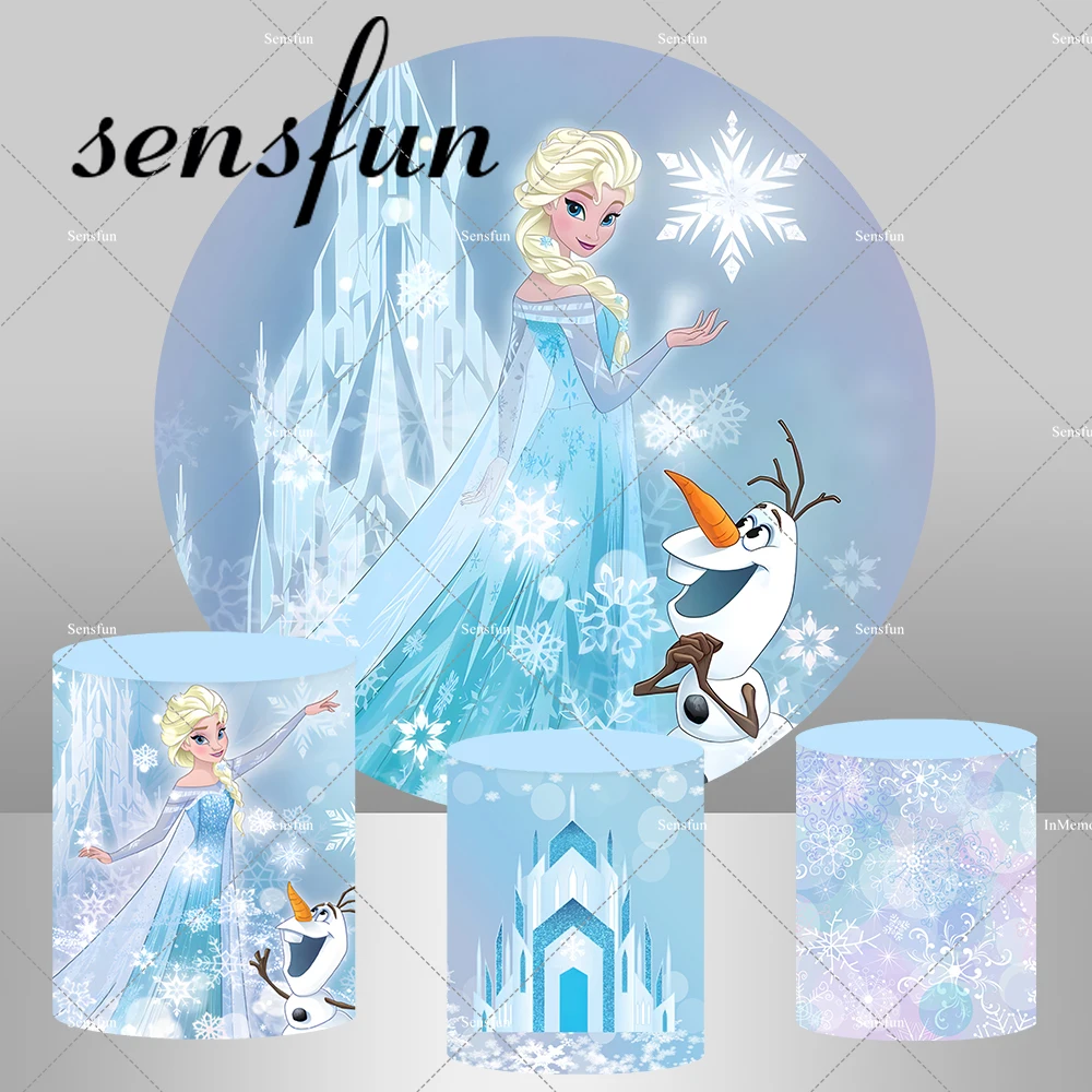 

Princess Castle Snow Queen Elsa Round Backdrop for Girls Newborn Baby Shower Birthday Party Decor Frozen Snow Plinth Covers