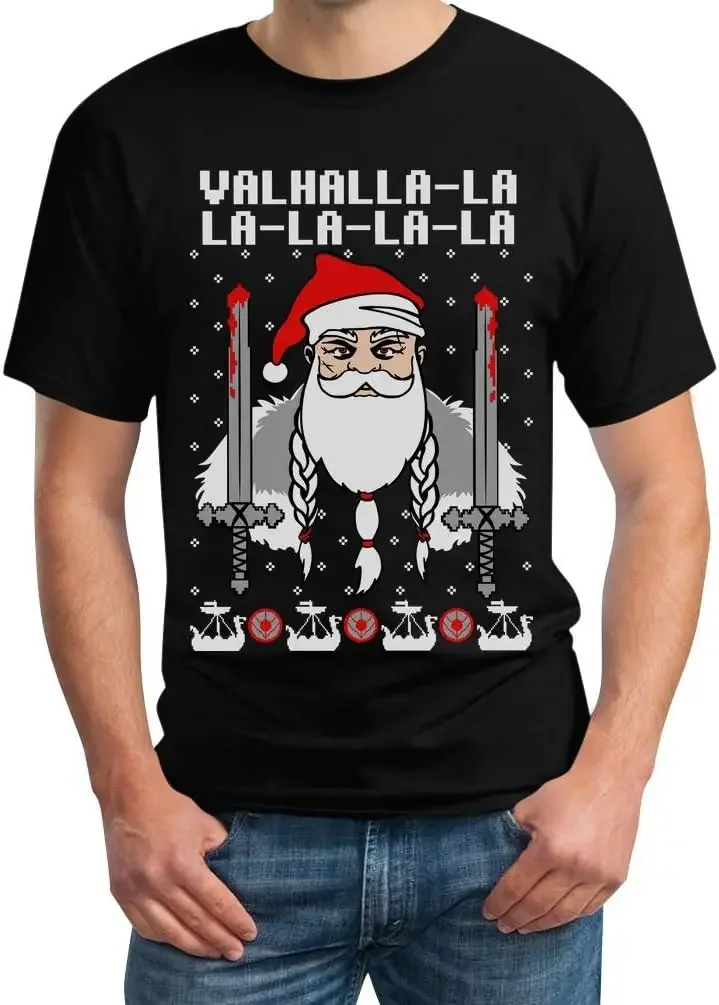 

Valhalla-La Nordic Warrior Santa Ugly Christmas Sweater T-Shirt 100% Cotton O-Neck Short Sleeve Casual Mens T-shirt Size S-3XL
