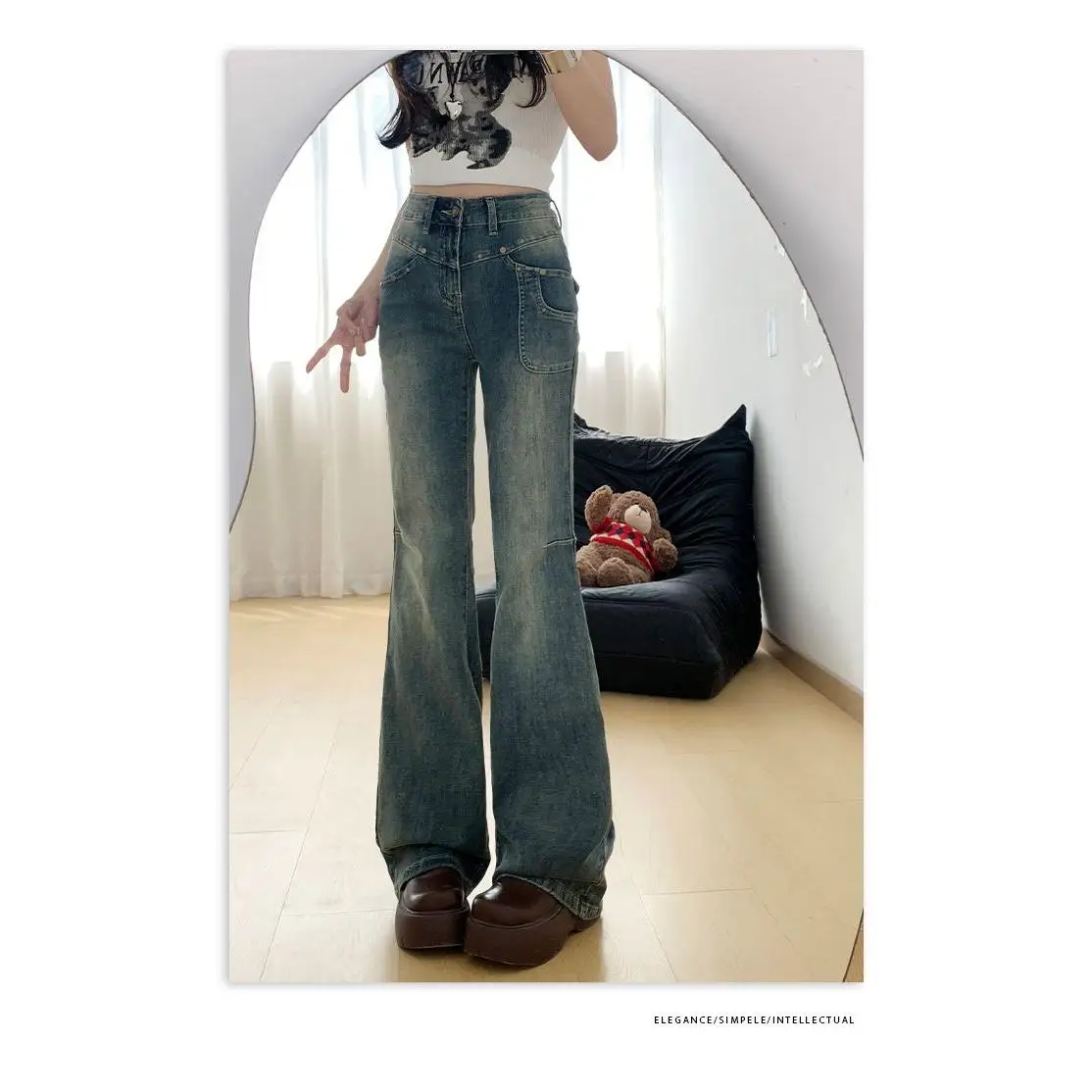 

Ретро джинсы-клеш с высокой талией для женщин, осенняя новинка, с вырезами, облегающие, сексуальные, с рваным краем