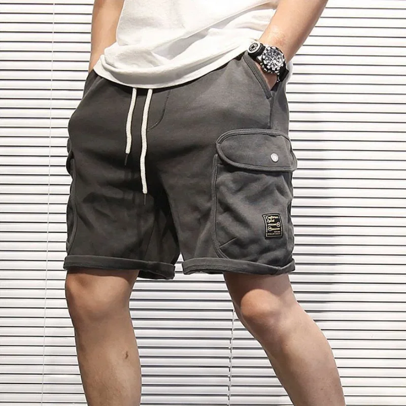 Male Bermuda Short Pants with Draw String Men's Cargo Shorts Khaki Solid Front Pocket Cotton Elastic Waist Strech Jogger Summer