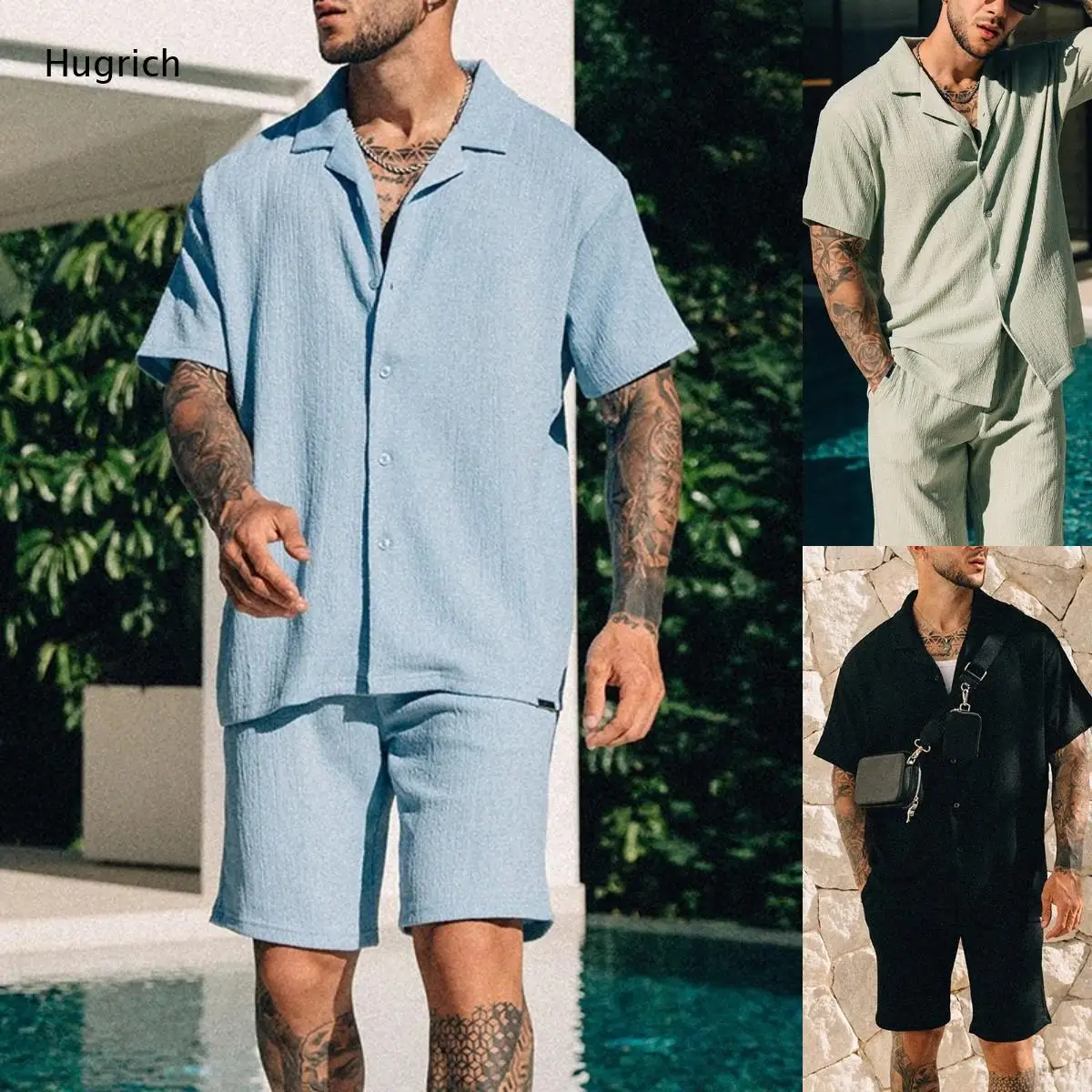 Men's Loose Fit Textured Co-Ord Set - Breathable Button-Down Shirt and Drawstring Shorts