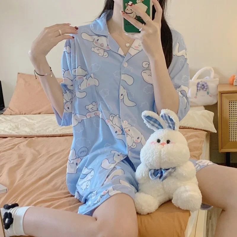 Sanrio Kuromi-Conjunto de pijama bonito verão feminino, estampa coreana, pijamas de manga curta, desenhos animados, roupas de casa, Y2k, novo