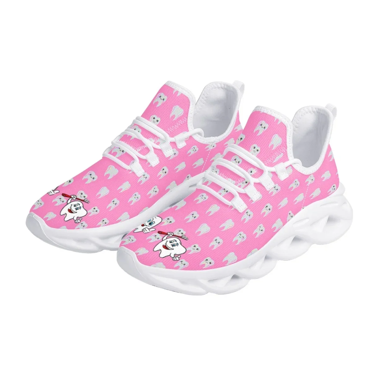 Cartoon Teeth Print Women's Flats Sneakers Fashion Kawaii Lace-Up Vulcanized Shoes Outdoor Breathable Non-Slip Running Shoes