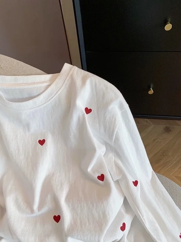 Grande taille femmes longue Sve T-irt coeur imprimé coupe ample rond Ne printemps automne Sle confortable coton haut décontracté