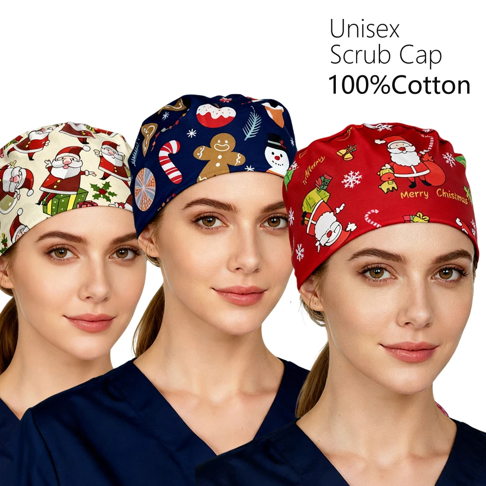 Women Men Scrub Cap Christmas Santa Print 100% Cotton Nurse Doctor Nursing Hats Adjustable Unisex Hospital Medical Surgical Caps