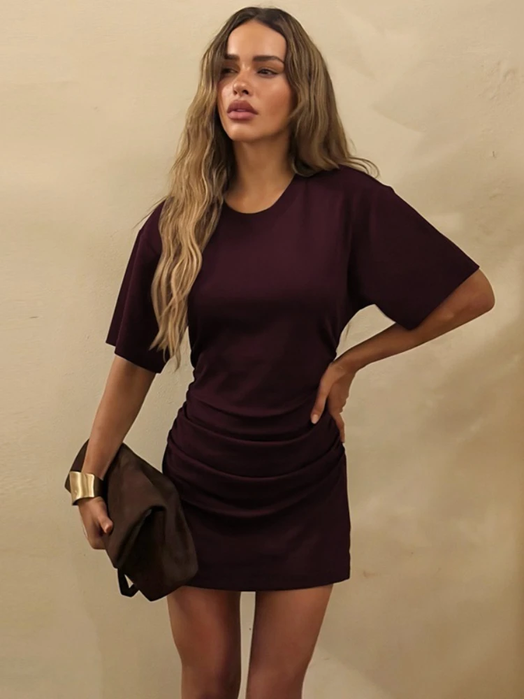 女性の O ネック半袖ハイウエストスリムパーティークラブドレスファッションカジュアルチュニックシャーリングソリッド T シャツドレス Y2K ストリートウェア