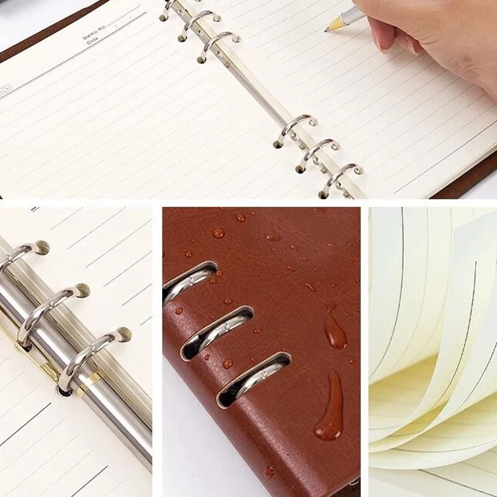 A5 Notebook 6 Holes PU Leather Cover Notebook Loose Pocket Leather Refillable Notebook Binder Rings Journal (Brown)