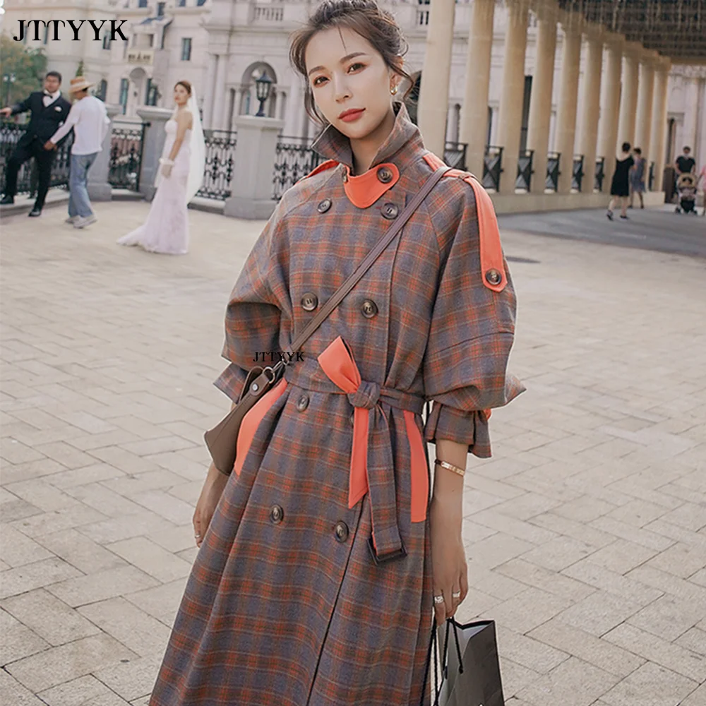 

Korean Spring Double-breasted Long Plaid Trench Coat Female Elegant Casual Belt Loose Autumn Jacket Women Windbreaker Overcoat