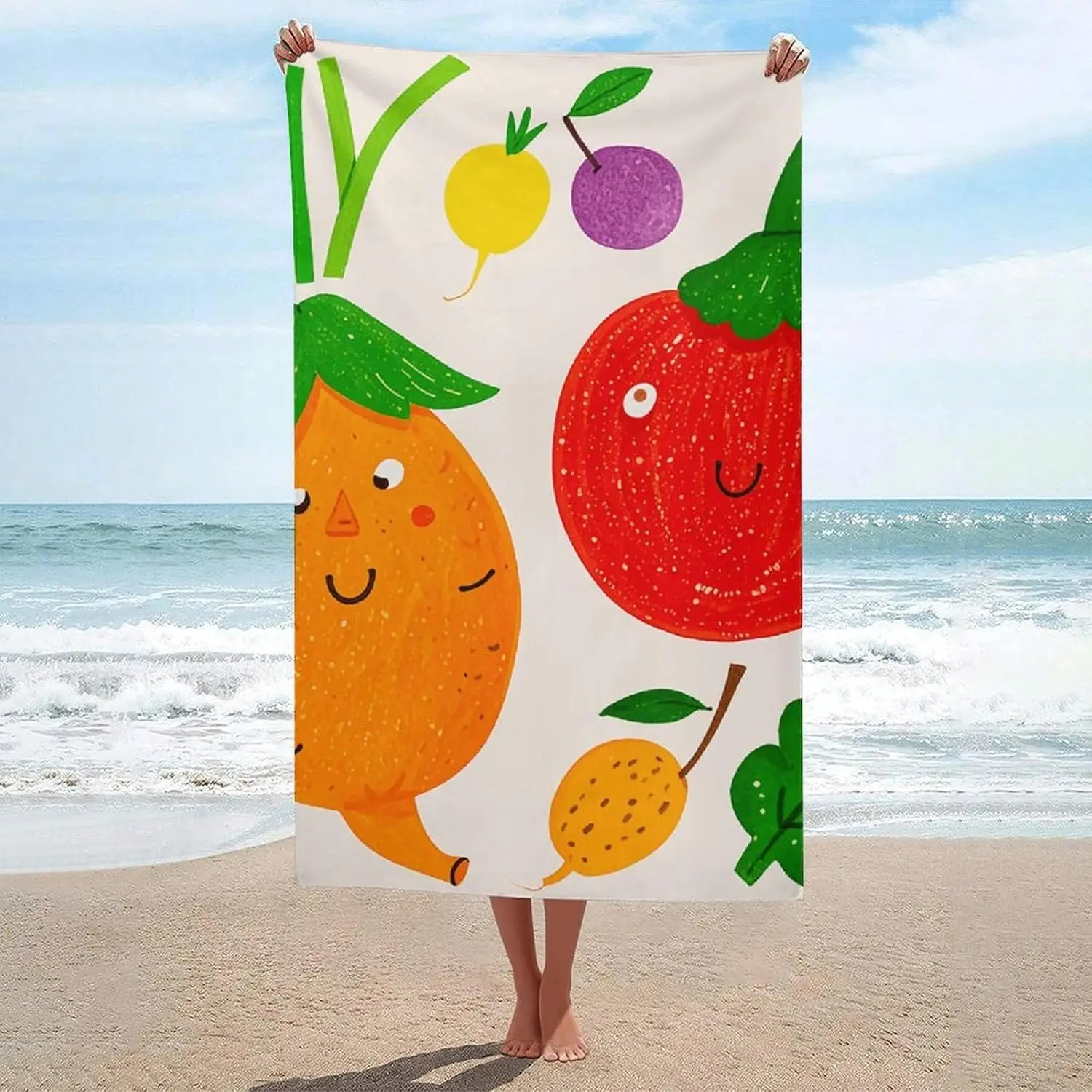 Cartoon Vegetable Fruits Beach Towel,Quick Dry & Super Absorbent, Sandproof Lightweight Towels Beach Accessories, Oversized Bath