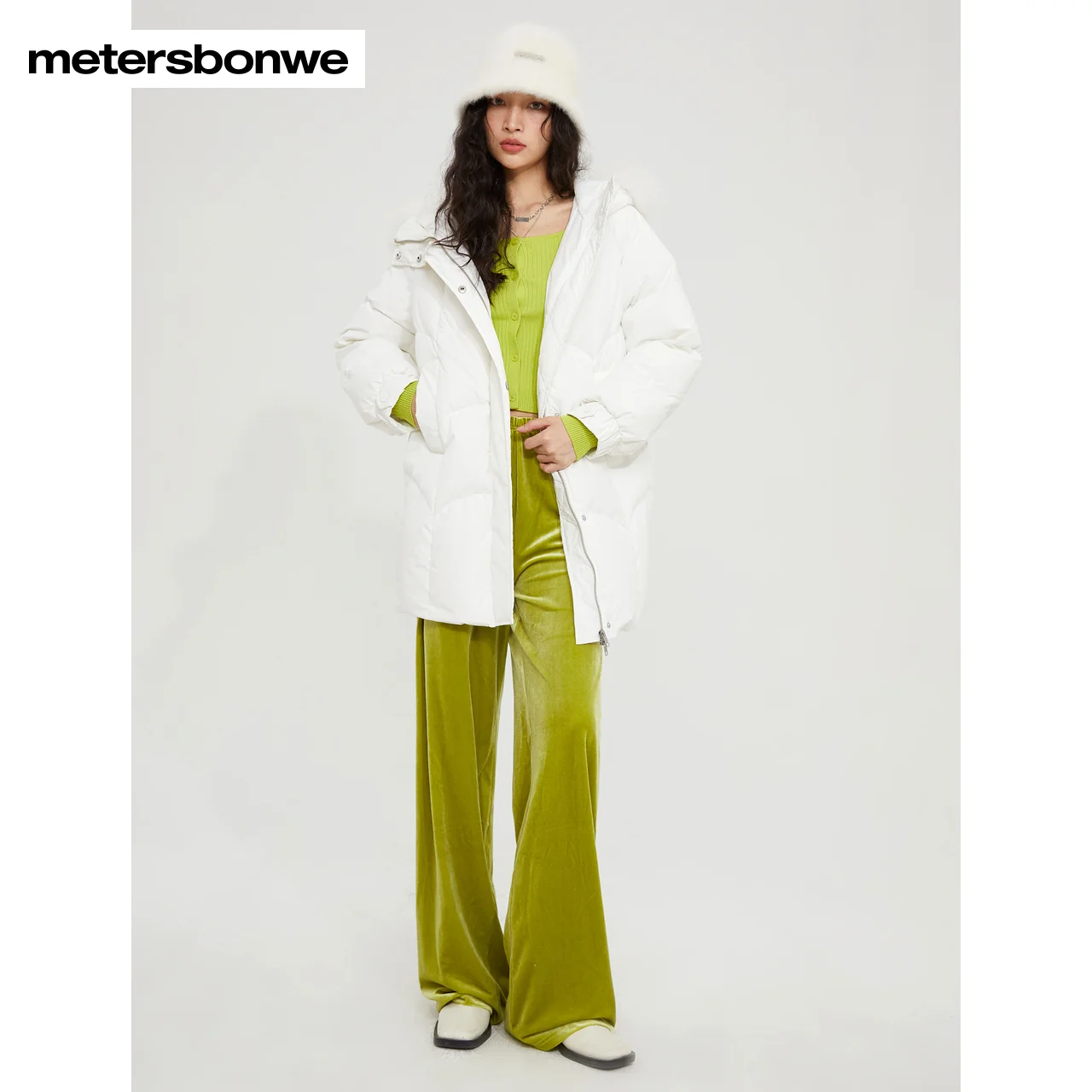 Metersbonwe-Chaqueta de plumón con capucha de longitud media para mujer, ropa gruesa y cálida, plumón de pato 80%, cuello de pelo de Marta,