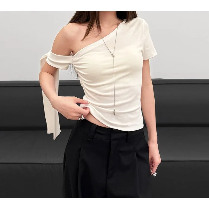

Sexy T-shirt for Women Streetwear 2025 Summer New Slim Fit Type Solid Color Slanted Neck Slim Fit Short Sleeved Tops Pullover