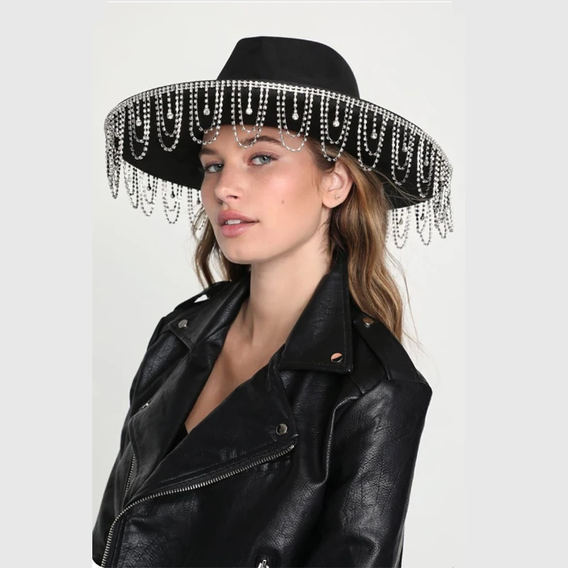 Elegant Women Rhinestone Tassel Decor Wide Brim Fedora Hat For Party Wedding Cap Handmade Rhinestone Fringe Cowgirl Hat