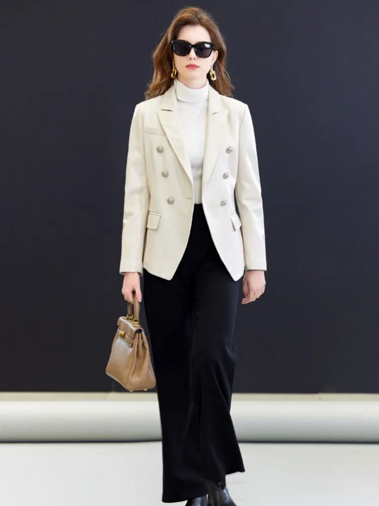 Office Ladies Elegant Genuine Leather Suit Jacket Slim Fit Spring Autumn Fashion Outerwear Women Double Breasted Sheepskin Coat