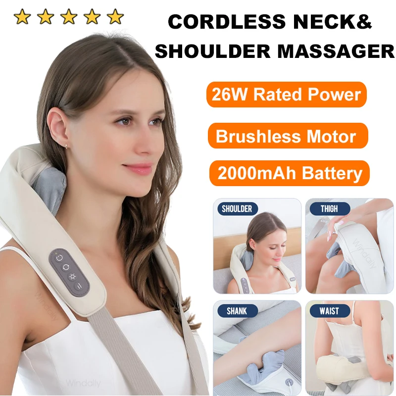 

New 26W Brushless Wireless Mini Shiatsu Shoulder Neck Massager With Heat 5D Kneading Deep Tissue Back Body Massage Pillow Shawl