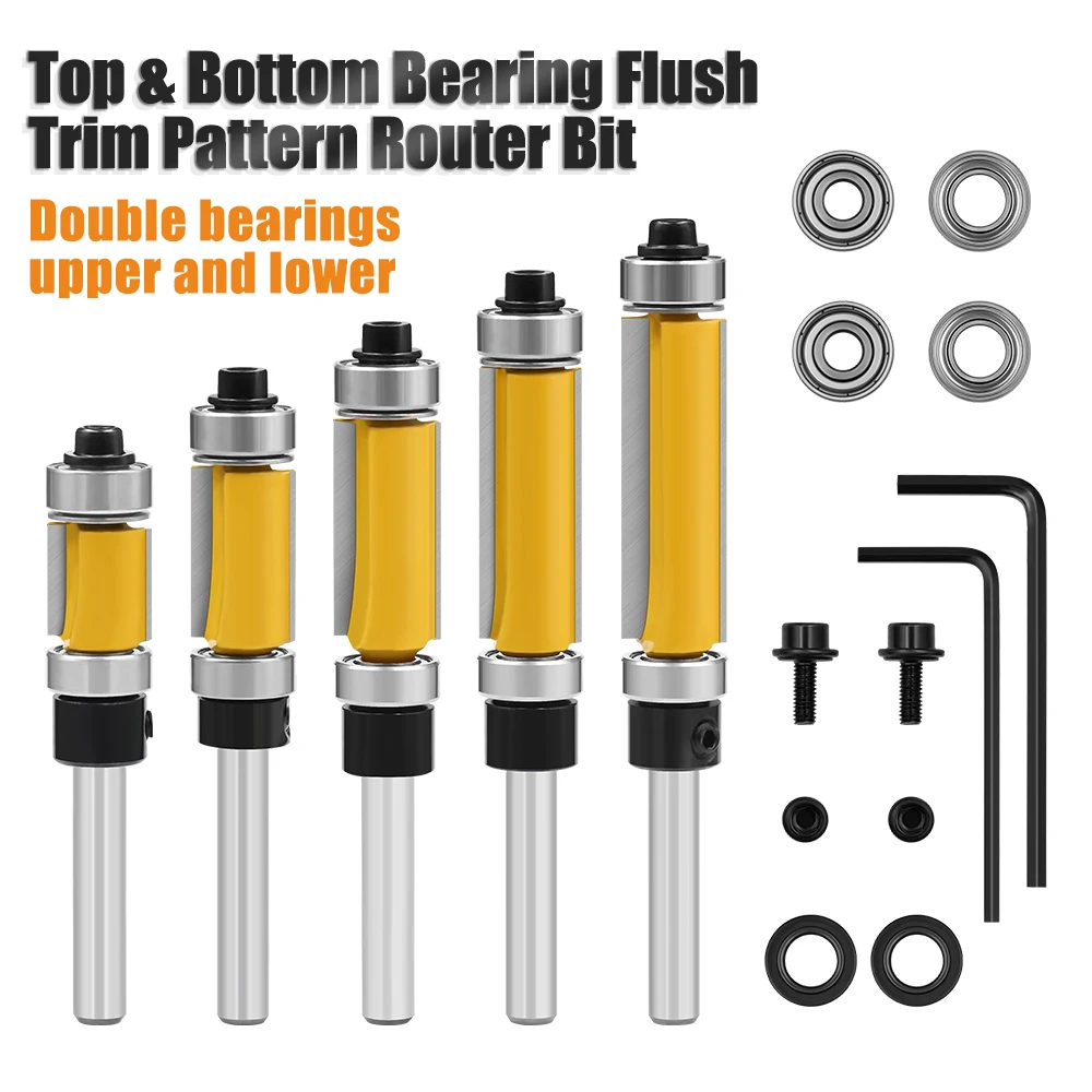 

XHYKern Double Bearing Flush Trim Router Bits Set Wood Edge Trimming Template Following Tool Kit Industrial Grade