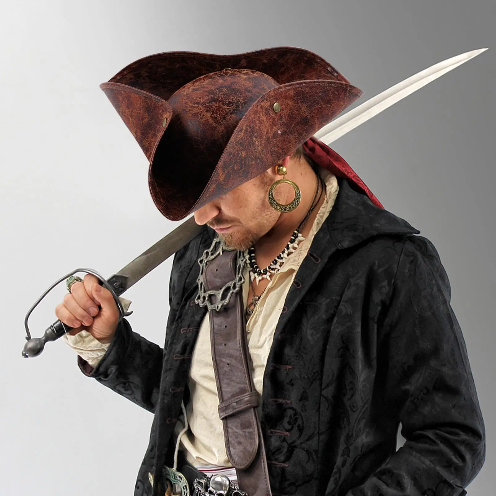 Faux Leather Pirate Hat Captain Hat Brown for Adult Men Women Cosplay Costume Accessories Exquisite Photography Props