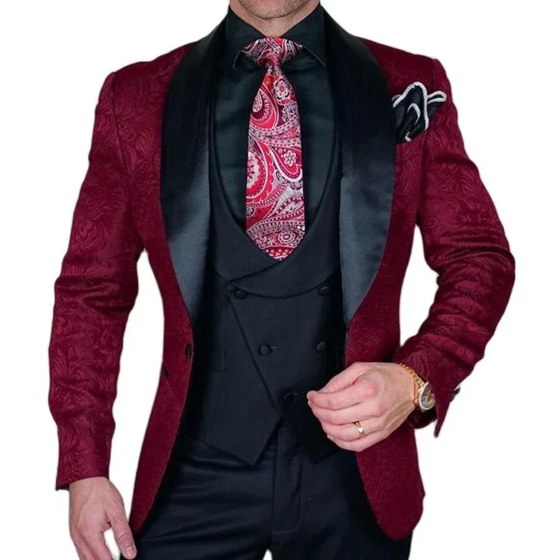 

Burgundy Jacquard Men Suits Custom Formal Wedding Groommen Tuxedo Slim Fit Male Blazer 3 Piece Set Trajes Elegante Para Hombres