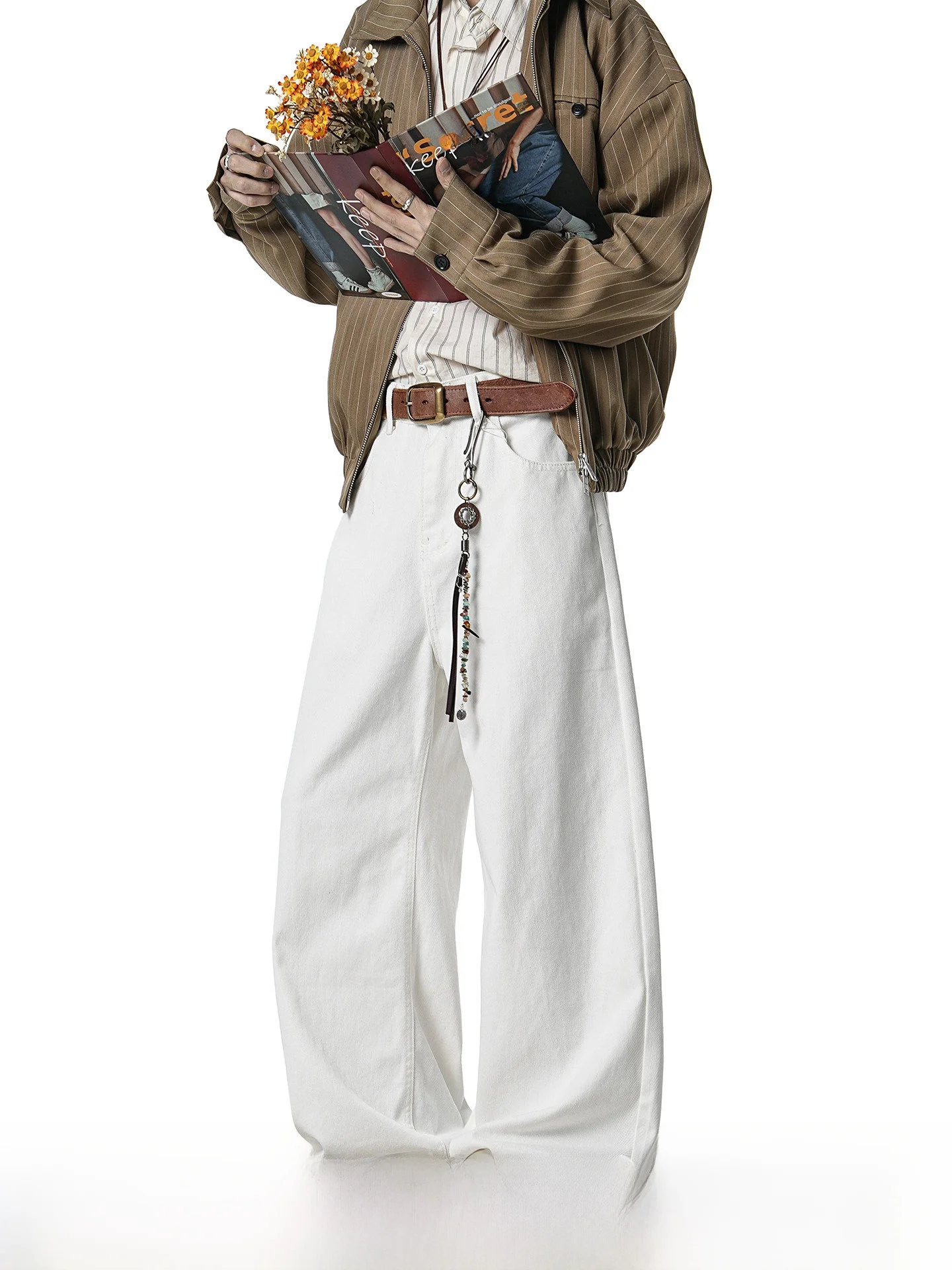 American Style White Jeans Men's Autumn Straight Leg Wide Leg Commuter Casual Long Pants Cotton 100% Wear Resistant