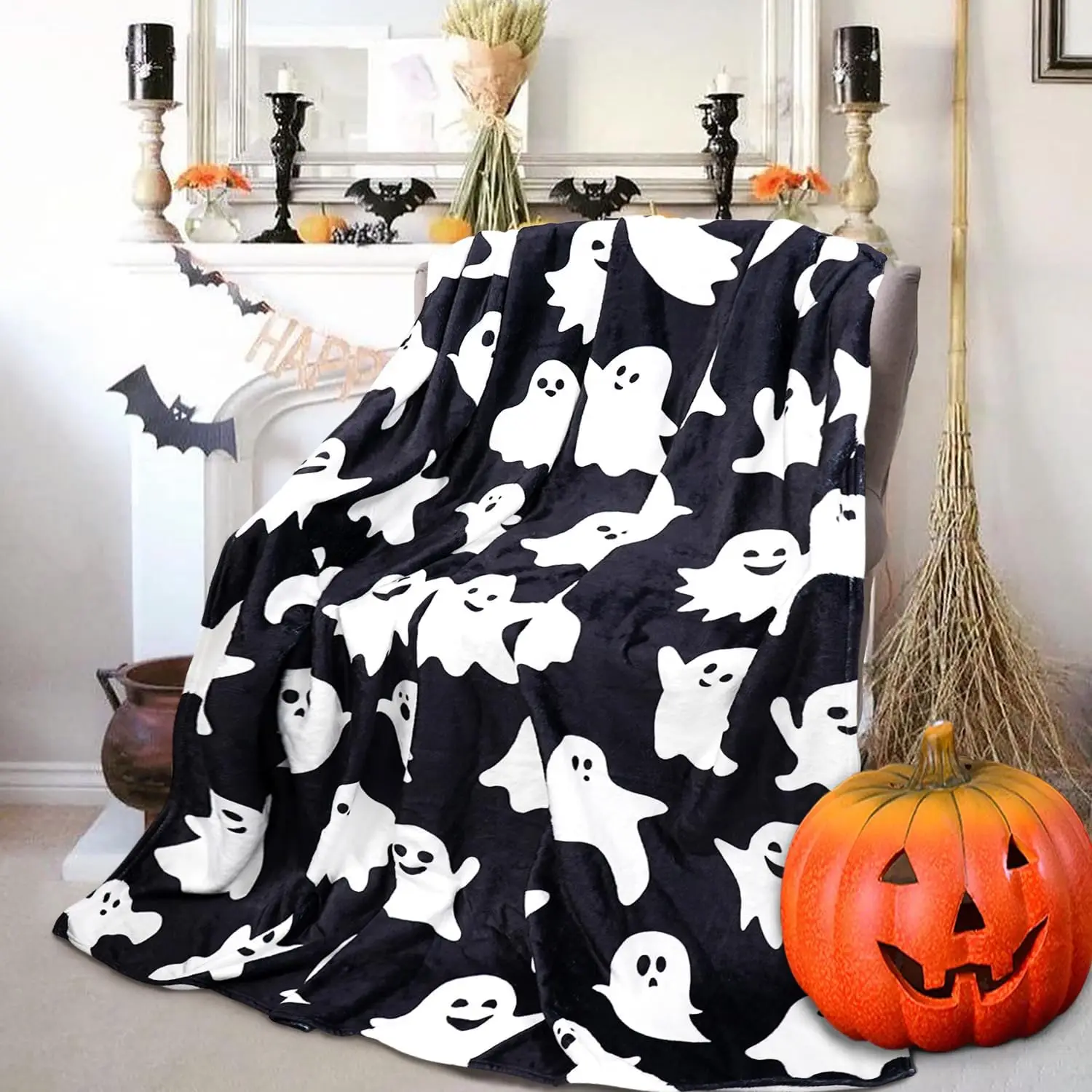 Metawu Halloween Blanket Ghost Throw Blankets for Kids for Women Halloween Decorations Flannel Blankets for Bed, Sofa, Couch, Travel Blanket 50 x 60 inch
