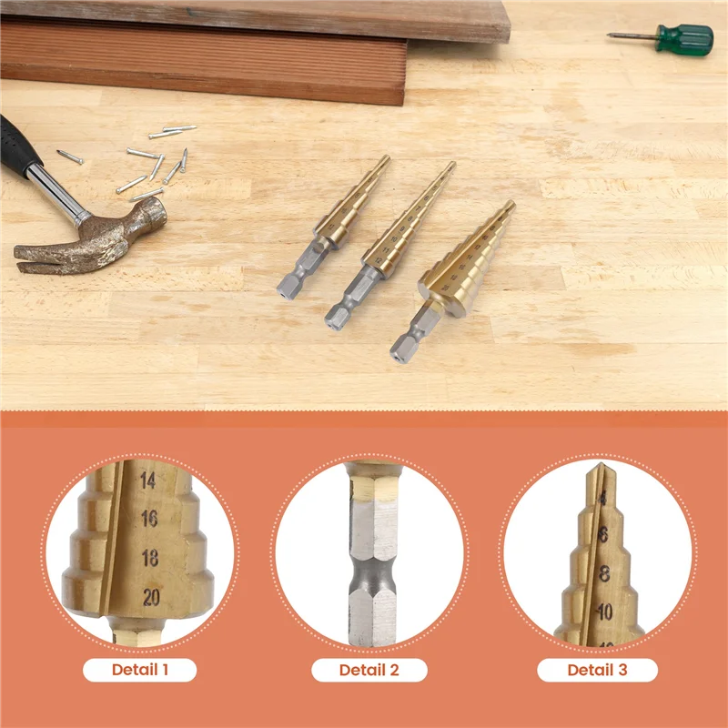 AEE6-Step Drill Bit 3Pcs Hss Step Drill Bit Set Cone Hole Cutter Taper Metric Nitriding Hex Core Drill Bits