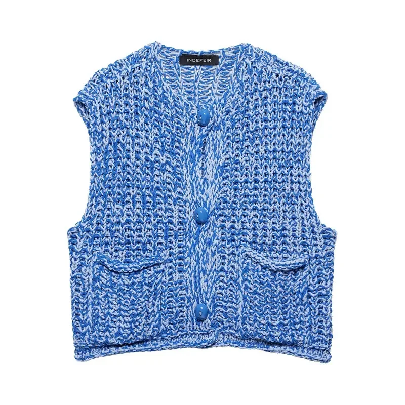 

Women's Blue O-Neck Sleeveless Spring Sweater Vest Fashion Knitted Top with Pockets Single-Breasted Style for Spring