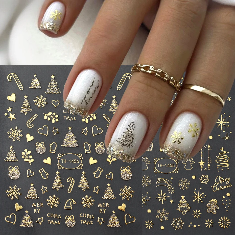 

2pcs Gold Christmas Cartoon Nail Art Stickers Decal Snowflake Snow Globe Candy Cane Snowman Heart Star Nail Sliders Decorations