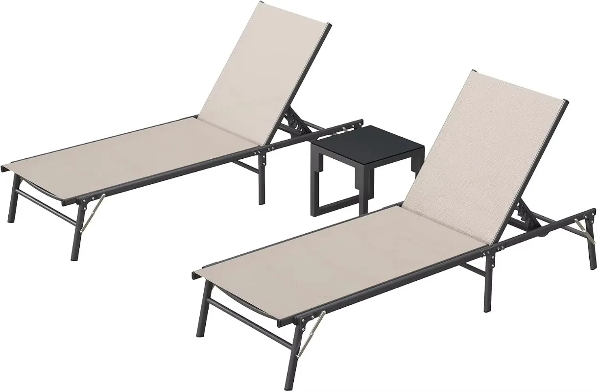 ^Foldable Patio Lounge Chair Sets with Side Table, No Assembly Outdoor Chaise Lounge with 5-Positions, Poolside Lounge Chairs