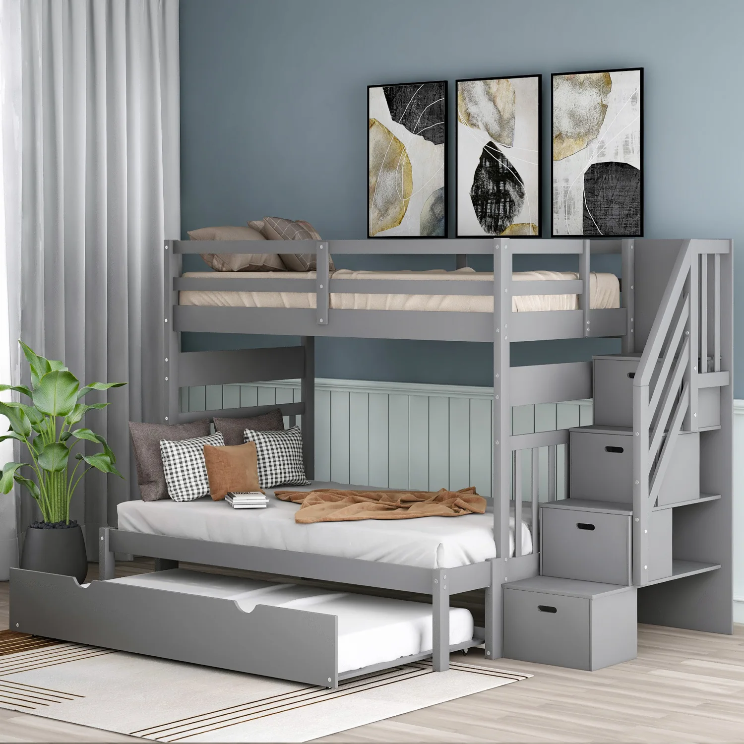 

Twin over Twin/Full Bunk Bed with Twin Size Trundle (Gray)(OLD SKU LP000025AAE)