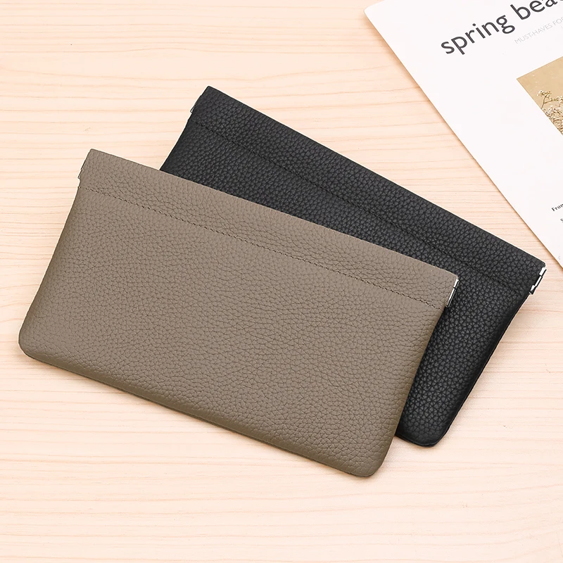 Self-Closing Head Layer Genuine Cowhide Long Wallet Passport Driver's License ID Holder Headphone Data Cable Storage Cash Organi