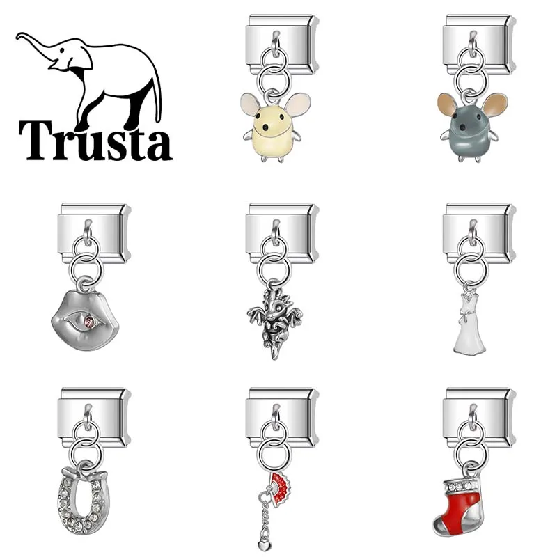 Trusta 2024 New Mouse Sunglasses Sock Eye Charms Italian Links 9mm Bracelet Stainless Steel for Women DIY Jewelry Wholesale N192
