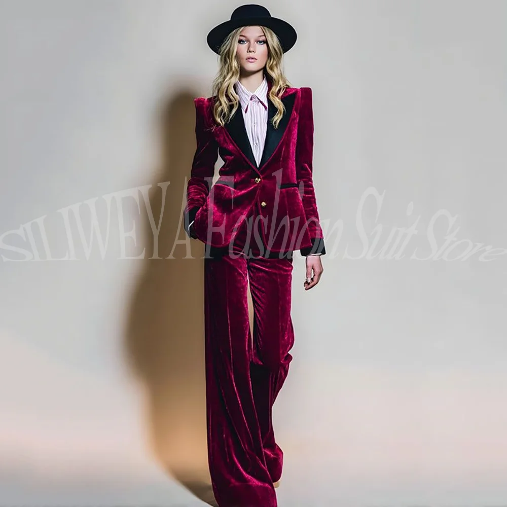 

Elegant Velvet Women Pants Suits 2 Pieces Peak Lapel Blazer Single Breasted Customized Formal Business Office Meeting Outfit