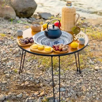 Portable Outdoor Barbecue Folding Round Table Camping Charcoal Barbecue Table Courtyard Stove Tea Making Heating Stove Set