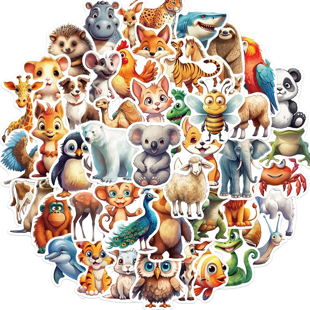 50Pcs Cute Zoo Animals Sticker Cartoon Kids Decals Toy for Laptop Guitar Phone Travel Kawaii Sticker Kids Gifts Wholesale