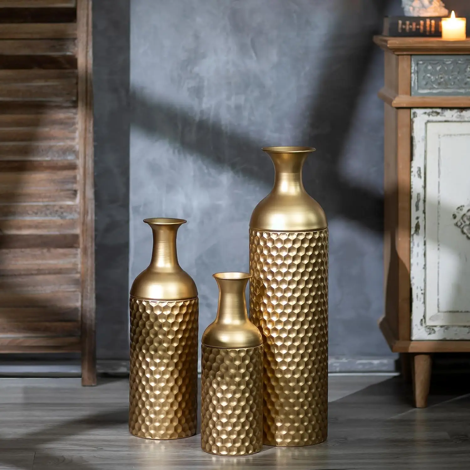 

Tall Gold Floor Vase: 27in Large Metal Floor Vase Decorative Tall - Set of 3 Modern Honeycomb Texture Big Standing Vase