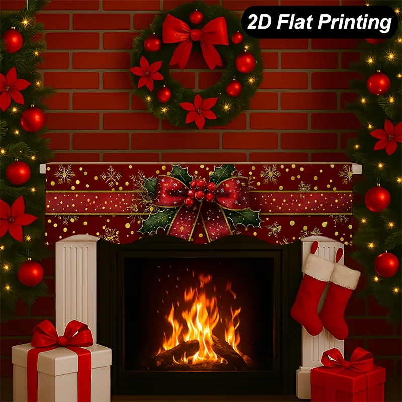VIKAMA Christmas Fireplace Mantel Scarf Bow Holly Berry Mantel Topper Xmas Fireplace Shelf Cover Indoor Home Party Decoration