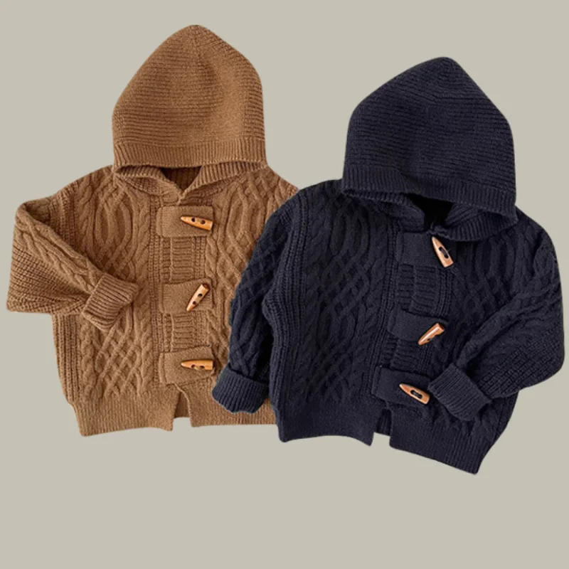 

New Fashion Autumn and Winter Children's Top Boys' Knitted Cow Horn Button Hooded Sweater Coat Girls' Cardigan Sweater