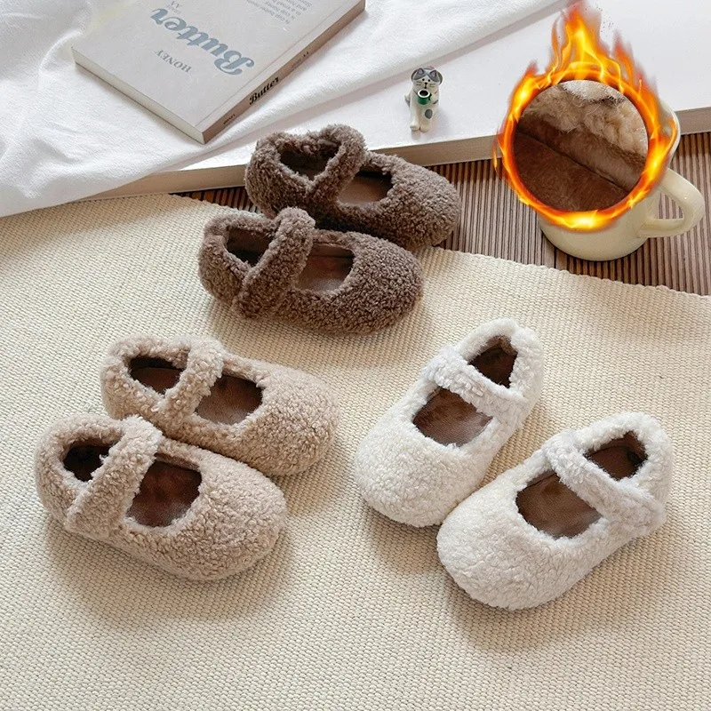 

Winter New Children Flat Shoes Fur Cover Toe Light Warm Kids Casual Shoe 2025 Plush Warm Non-slip Leisure Comfy Boys Girls Shoe