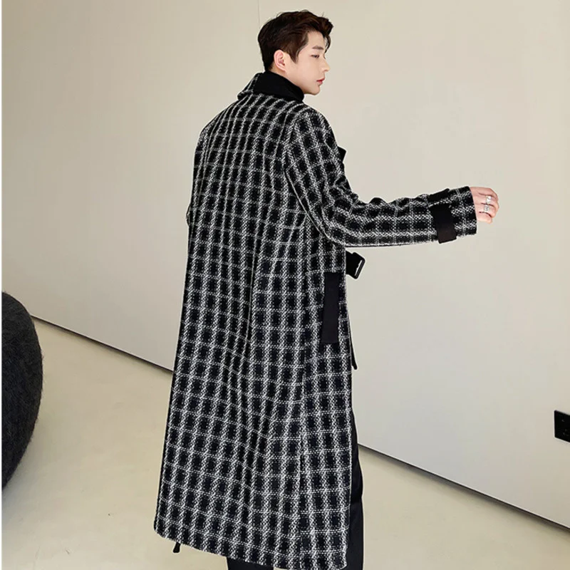 

Trend New Plaid Long Coat Autumn Winter Design Asymmetric Heterochromatic Placket Loose fit Belted Woolen Coats