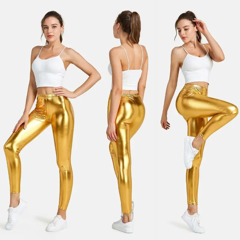 Shiny Women Metallic Leggings Candy Color Fitness Pants PU Slim Sport Trousers Sexy Dancing Party Jeggings Ladies Yoga Fit Pants