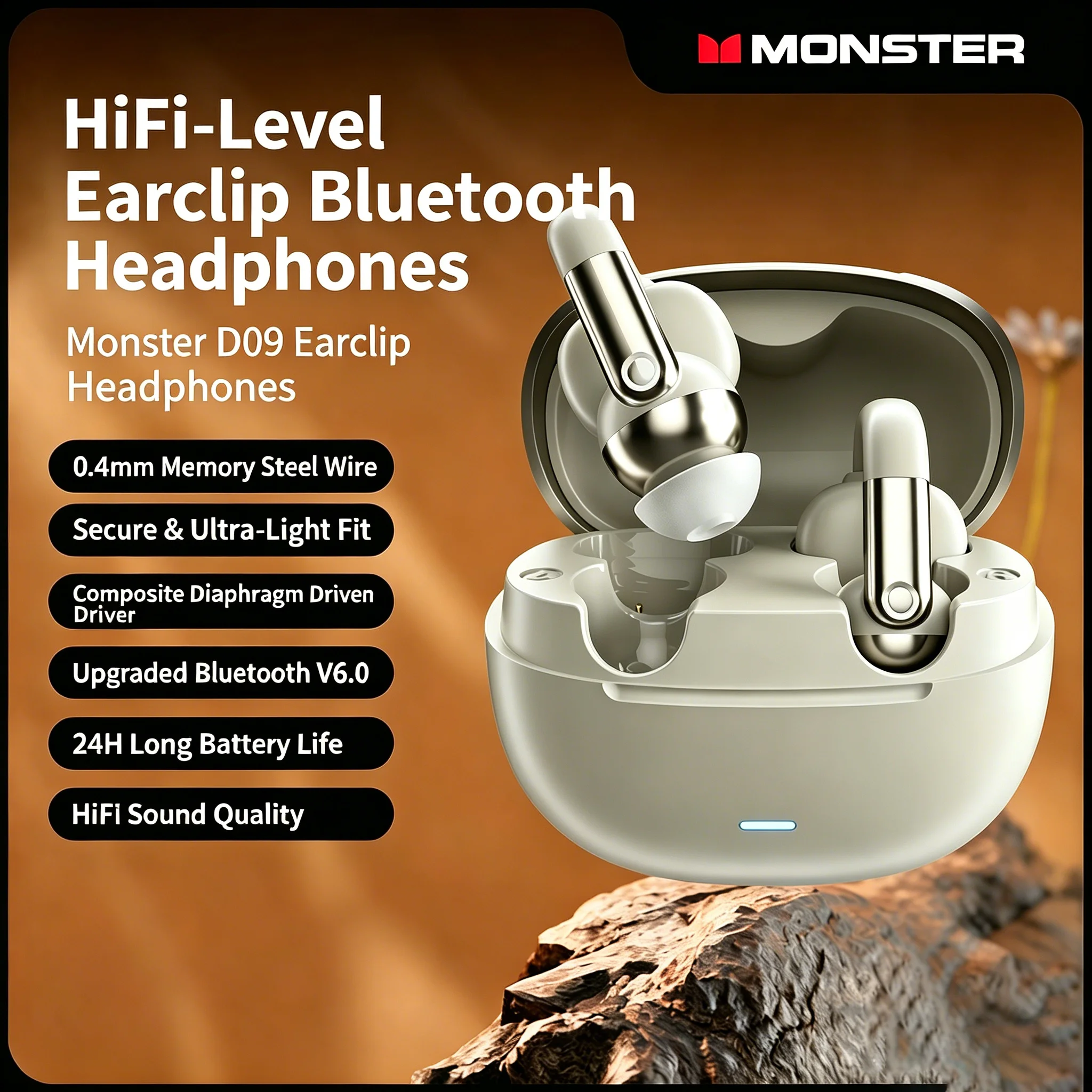Monster  Wireless Earbuds, Ear-Clip Style, for Music & Gaming, Long Battery Life, Call Noise Cancellation, New Model