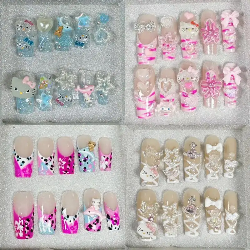 Sanrios Hello Kitty Y2K uñas postizas hechas a mano, diseño de corazón de diamante, puntas de uñas de cobertura completa, puntas de uñas postizas portátiles