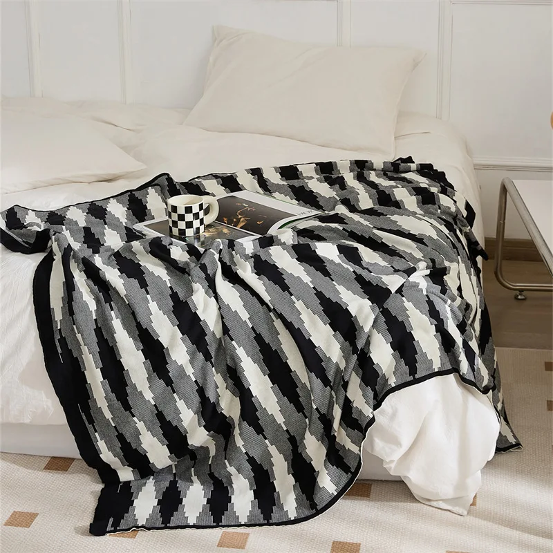 Cobertor de malha geométrica abstrata, colcha preta e azul, decorativa moderna para sofá, lance quente, sala de estar, cama, decoração de casa