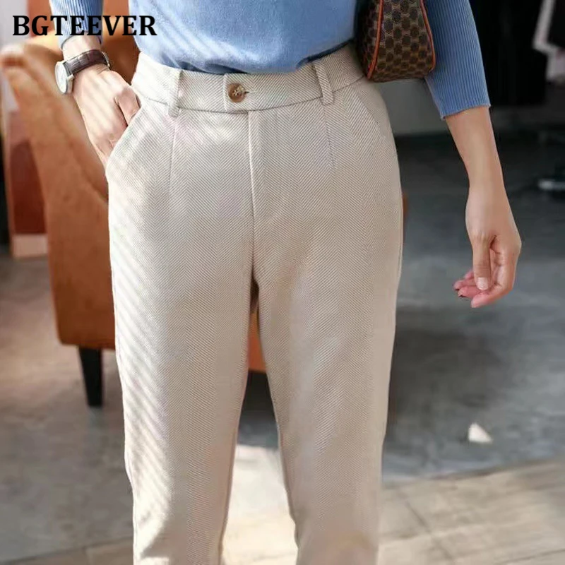 BGTEEVER Casual High Waist Button Female Harem Pants Autumn Winter Warm Pockets Woolen Pants for Women