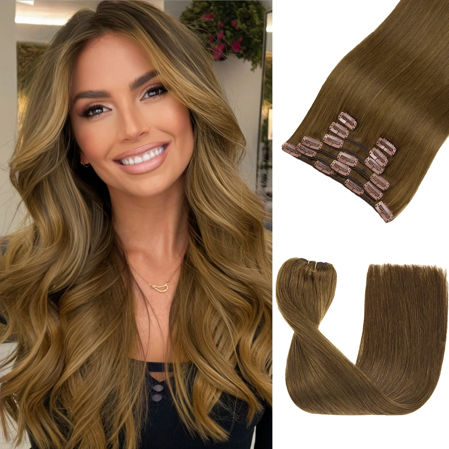 

LOVELINE Clip in Hair Extensions Real Human Hair Chocolate Brown Remy Straight Human Hair Extensions Seamless Invisible Clip ins